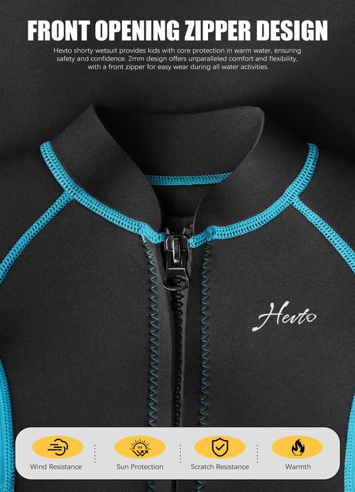 Hevto Kids Wetsuit Shorty for Boys Girls Youth Child Size 6 Year 2mm Neoprene Front Zip Wet Suit in Cold Water Thermal for Swimming Surfing (K1S-Blue, 6)