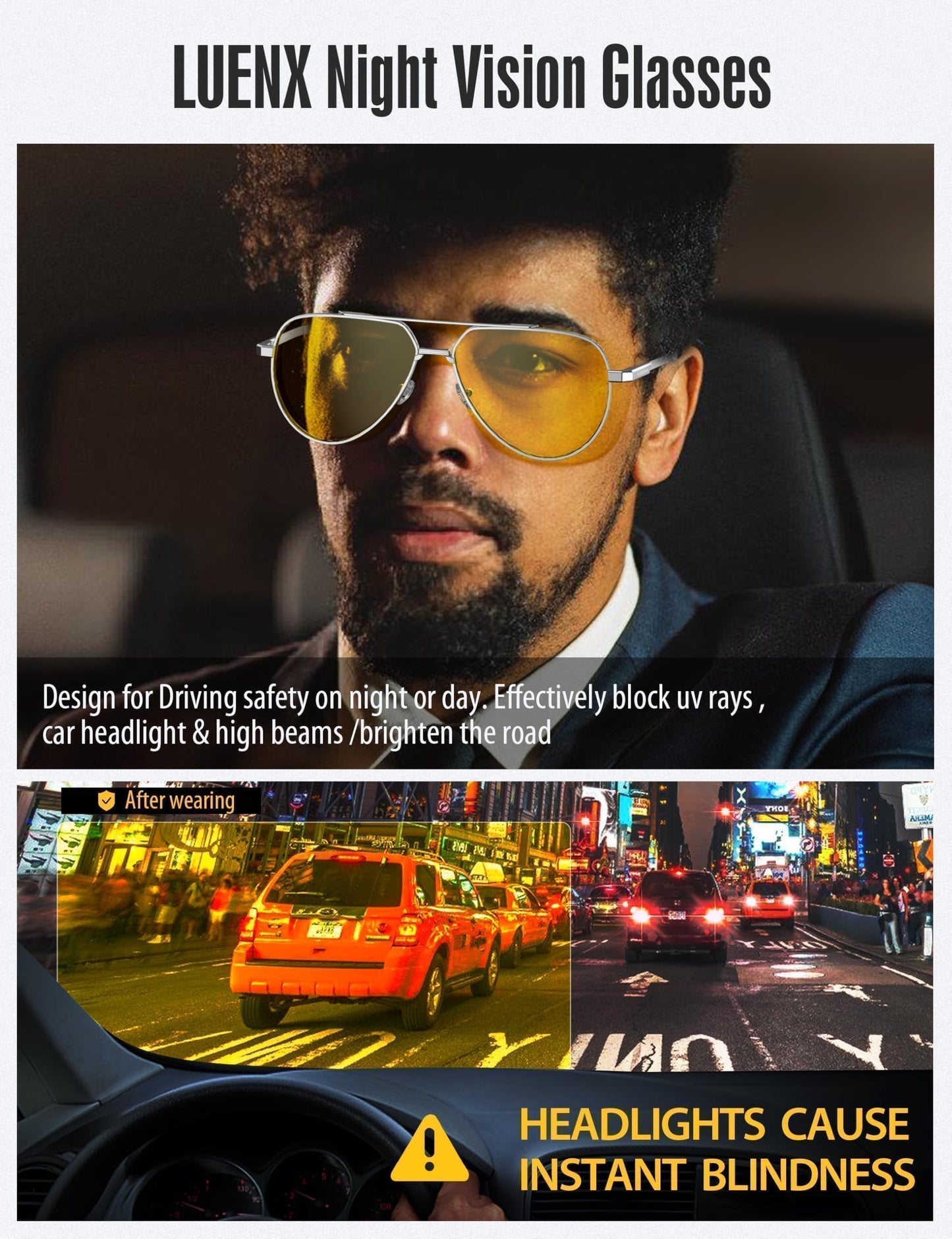 LUENX Night Vision Glasses,Aviator Polarized Sunglasses for Men Women Driving Yellow Lens Silver Frame Anti Glare Clear Sight 60MM