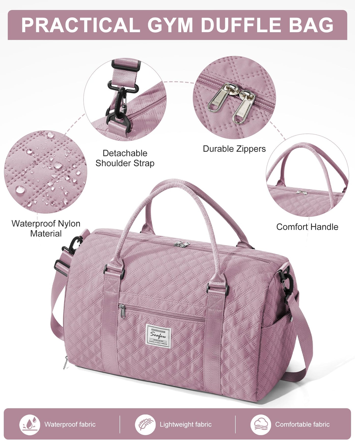 Gym Duffle Bag for Women with Shoe Compartment Waterproof Travel Tote Bags Personal Item Carry On Weekender Overnight Bags with Toiletry Bag Swimming Yoga Bags Hospital Holdalls Purple