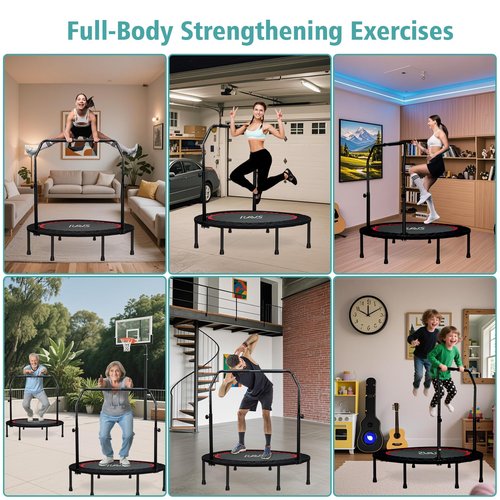 RAVS Mini Trampoline for Kids Adults 40"/48" Foldable Fitness Rebounder Kids Trampoline with 5 Levels Height Adjustable Handle Resistance Bands Indoor Workout