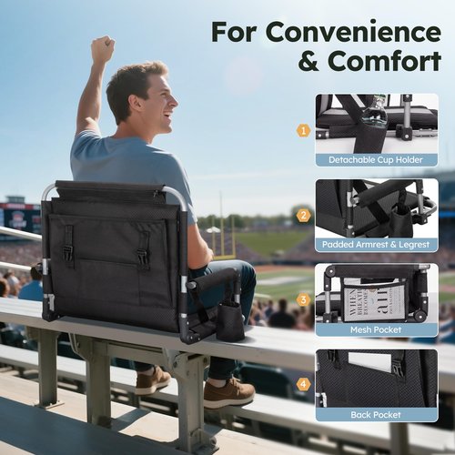 LET'S CAMP 2 Pack Folding Stadium Seats, Portable Bleacher Chairs with Comfortable Cushions, Cup Holder and Mesh Bag, Perfect for Sports Games and Outdoor Activities