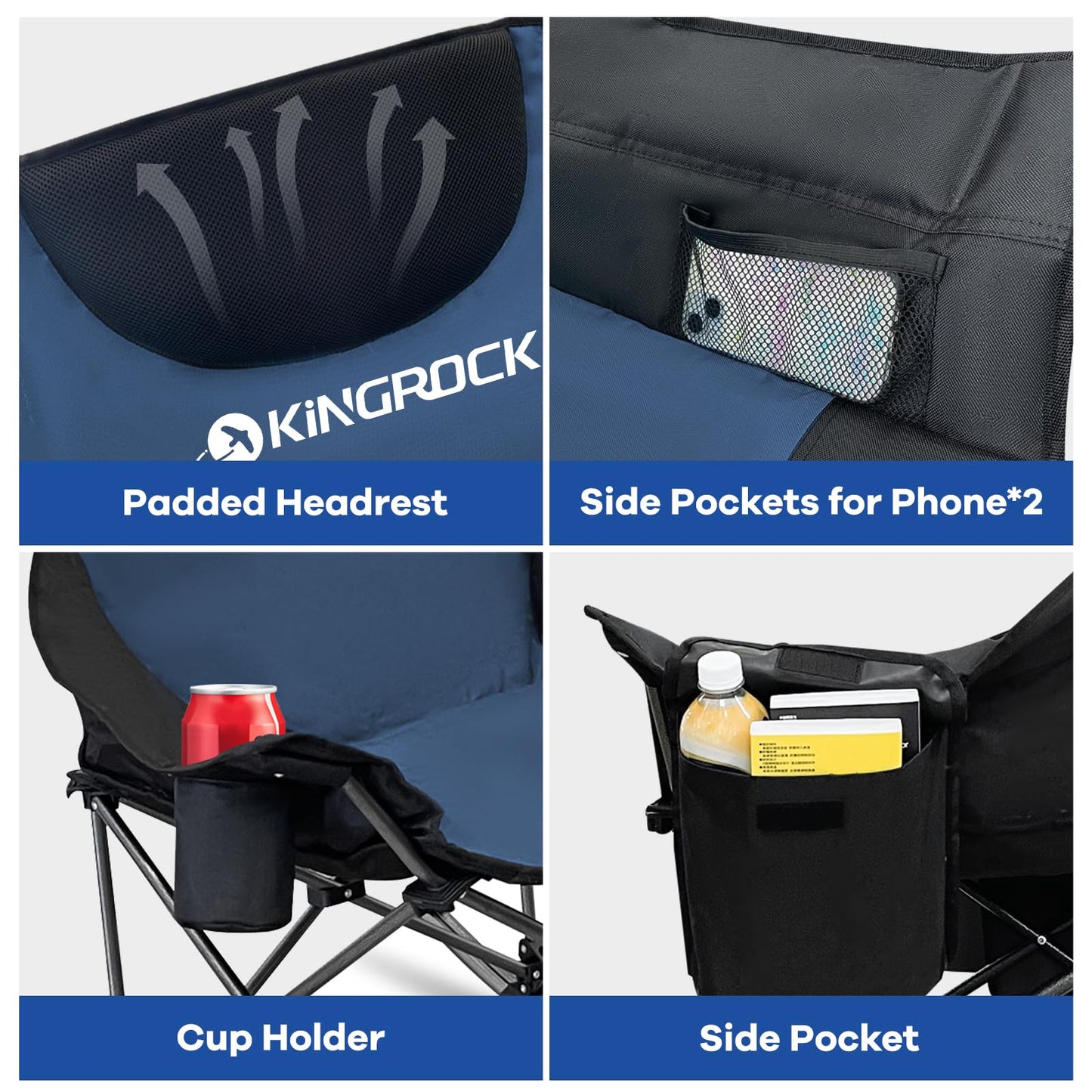KINGROCK Oversized Rocking Camping Chair with Headrest and Carry Bag, 260LBS Capacity Folding Portable Camp Chairs for Adults, Recliner for Outdoor, Beach, Fishing, Travel, Sports Games,Purple