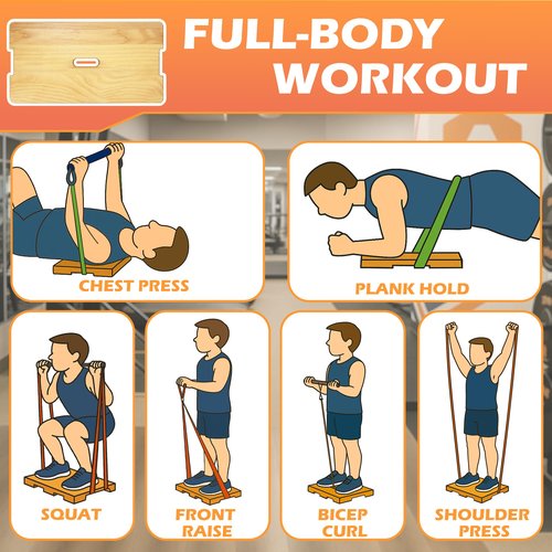 Wood Fitness Board with 5 Resistance Bands, Wooden Exercise Platform for Resistance Band Exercises, Home Workout for Stretching, Strength, Flexibility, Home Gym Tool(Not Include Rods)