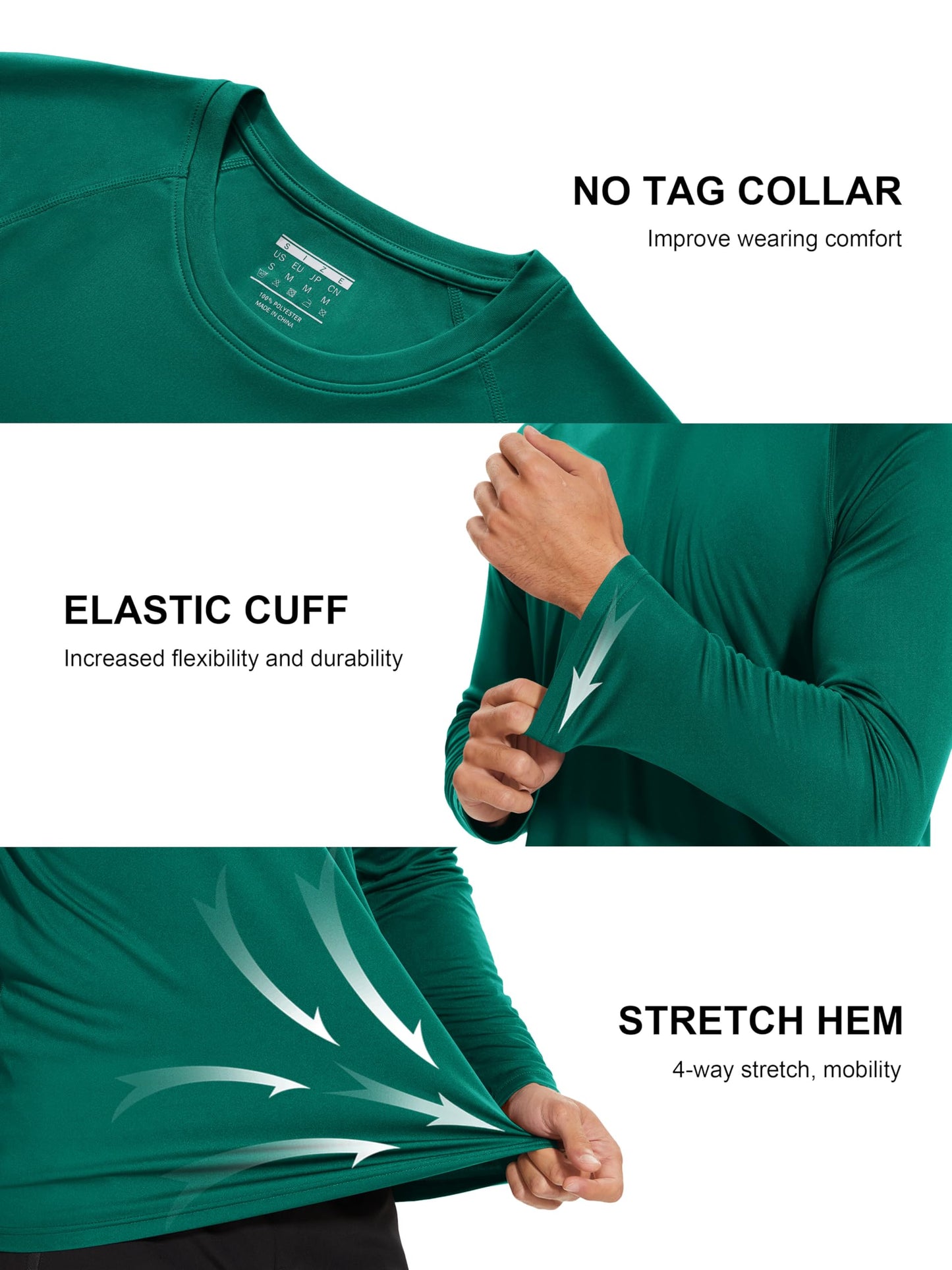 MAGCOMSEN Mens Athletic T-Shirt Long Sleeve Rashguard UV SPF UPF Running Hiking Climbing Outdoor Swim Shirt Emerald Green