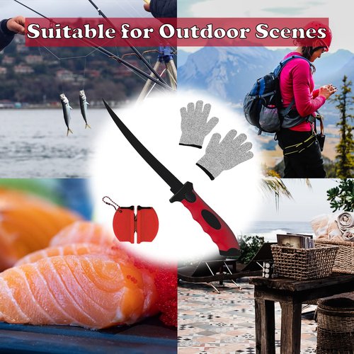 HOWORR Fishing Fillet Knife Set, 7 Inches Professional Stainless Steel Blade Filet Knife for Fish, with Sharpener and Cutting Resistant Gloves, Fishing Gear, Fishing Tool Set, Red