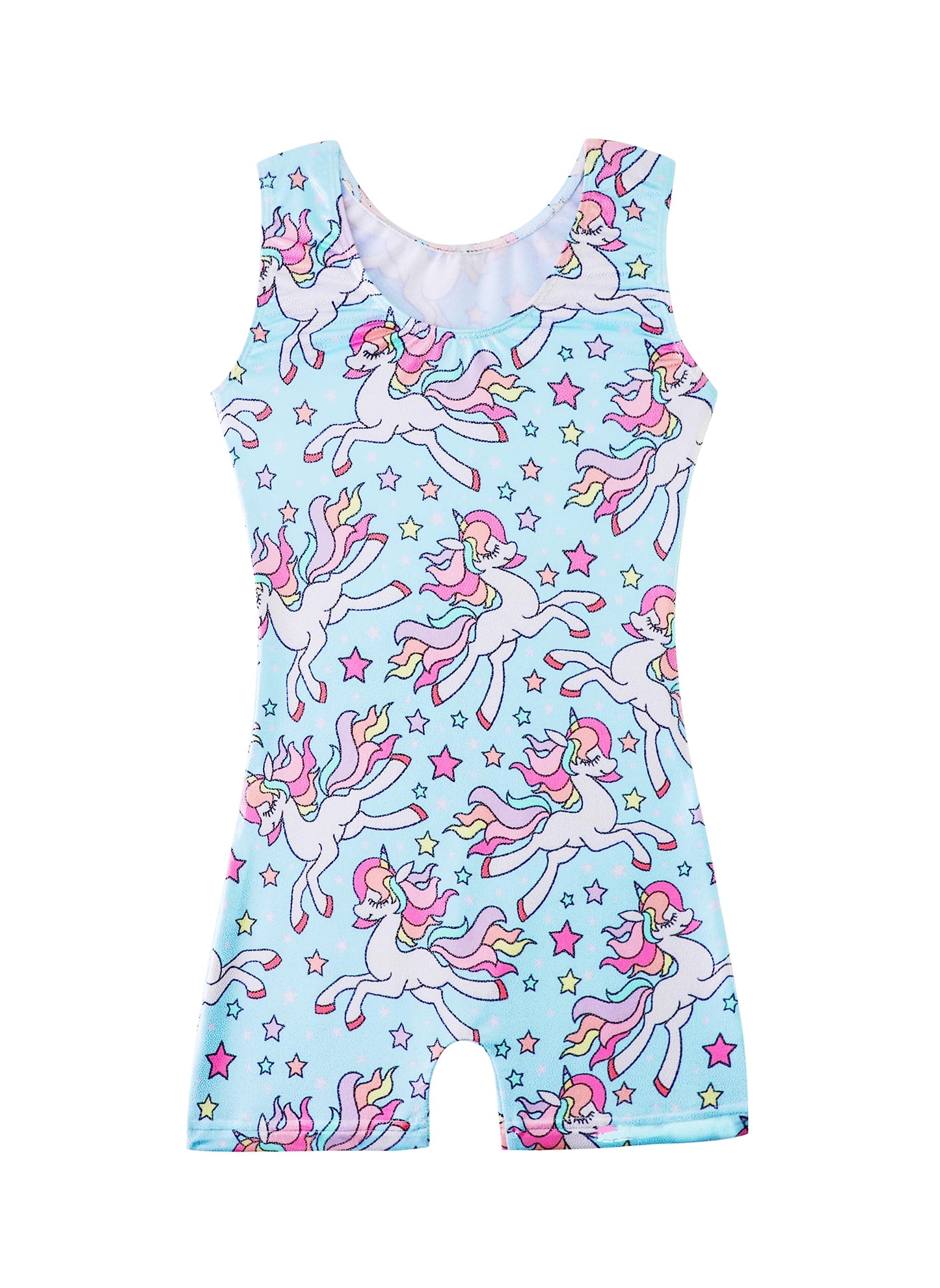 HOZIY Unicorn Leotards With Shorts for Girls Gymnastics Size 7-8 Year Old Sky Blue Rainbow Stars Sparkly Kids Leo Unitard Tumbling Outfits Biketard Ropa Gimnasia Para Niña