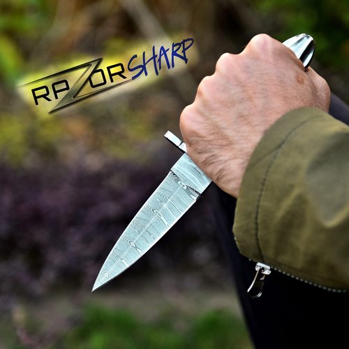 FBcrafts Handmade Damascus Dagger - Double Edge Knife, 8.5 in Edc Fixed Blade for Hunting Wood Handle Leather Sheath