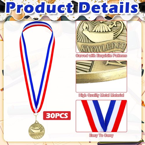 Aurelema 30pcs 2'' Gold Medals for Awards Winner Medals Bulk with Neck Ribbons Metal Trophy Award Prize Gift for Students Adults School Tournaments Competitions(Knowledge Lamp)
