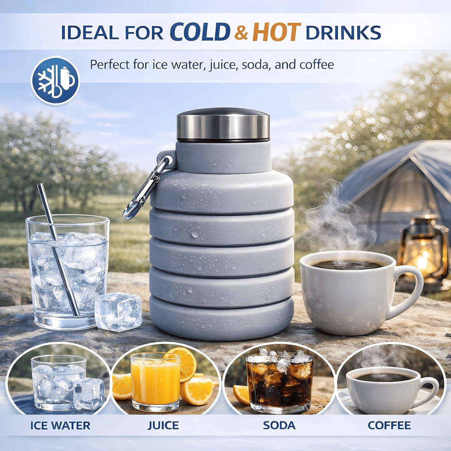 Tundoro Collapsible Water Bottles,Silicone Water Bottle,16oz Capacity Portable Reusable,Leak-proof,with buckle,foldable storage,Lightweight Durable for Fitness,Cycling,Sports,Camping,Hiking (Grey)