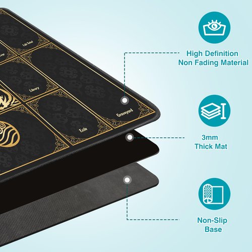 PROMAXIBINDER MTG Playmat with Magic Zones, 24x14in Playmat for Magic The Gathering, Commander Card Game Battles, Durable & Stain-Resistant Duel Mat for Beginners & Pros, Non-Slip, Soft Surface, Black