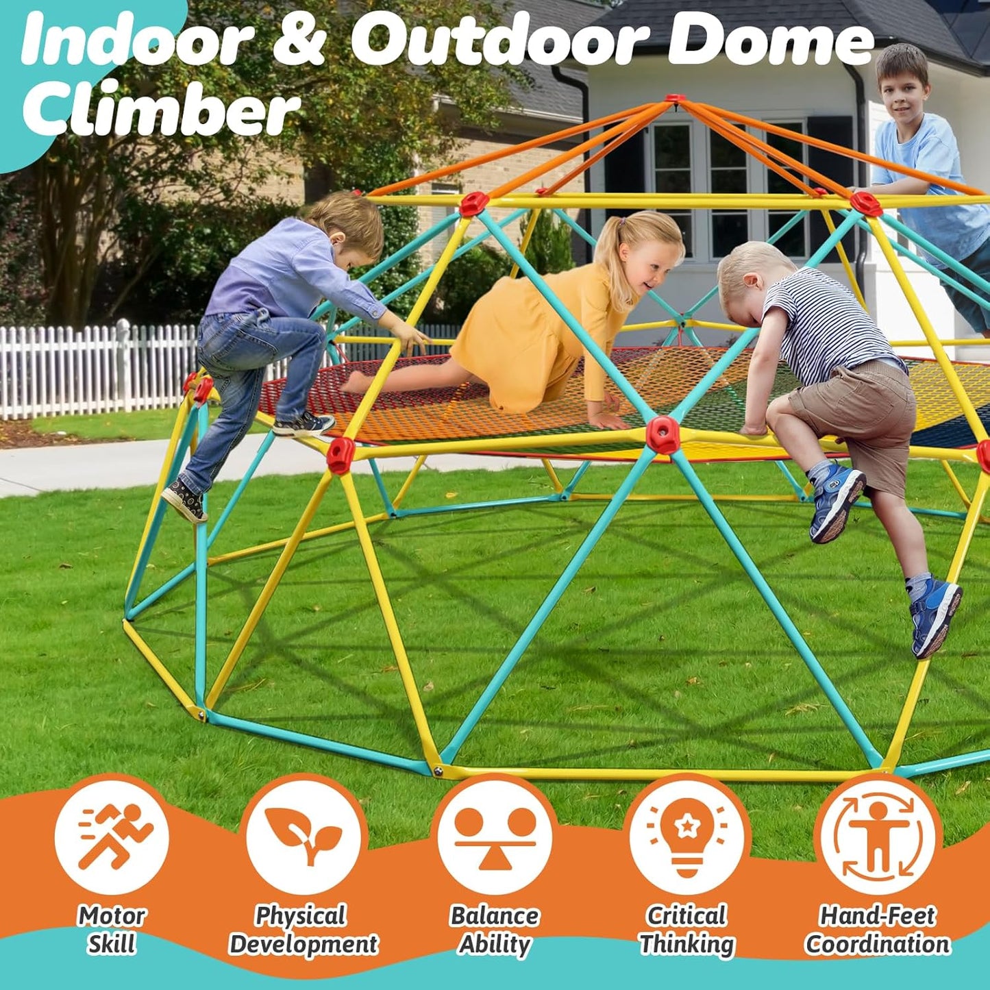 10FT Climbing Dome with Climbing Cargo Net, Outdoor Jungle Gym for Kids- Supports 1000LBS-Anti-Rust Metal Outdoor Play Structure ASTM Approved, Easy Assembly