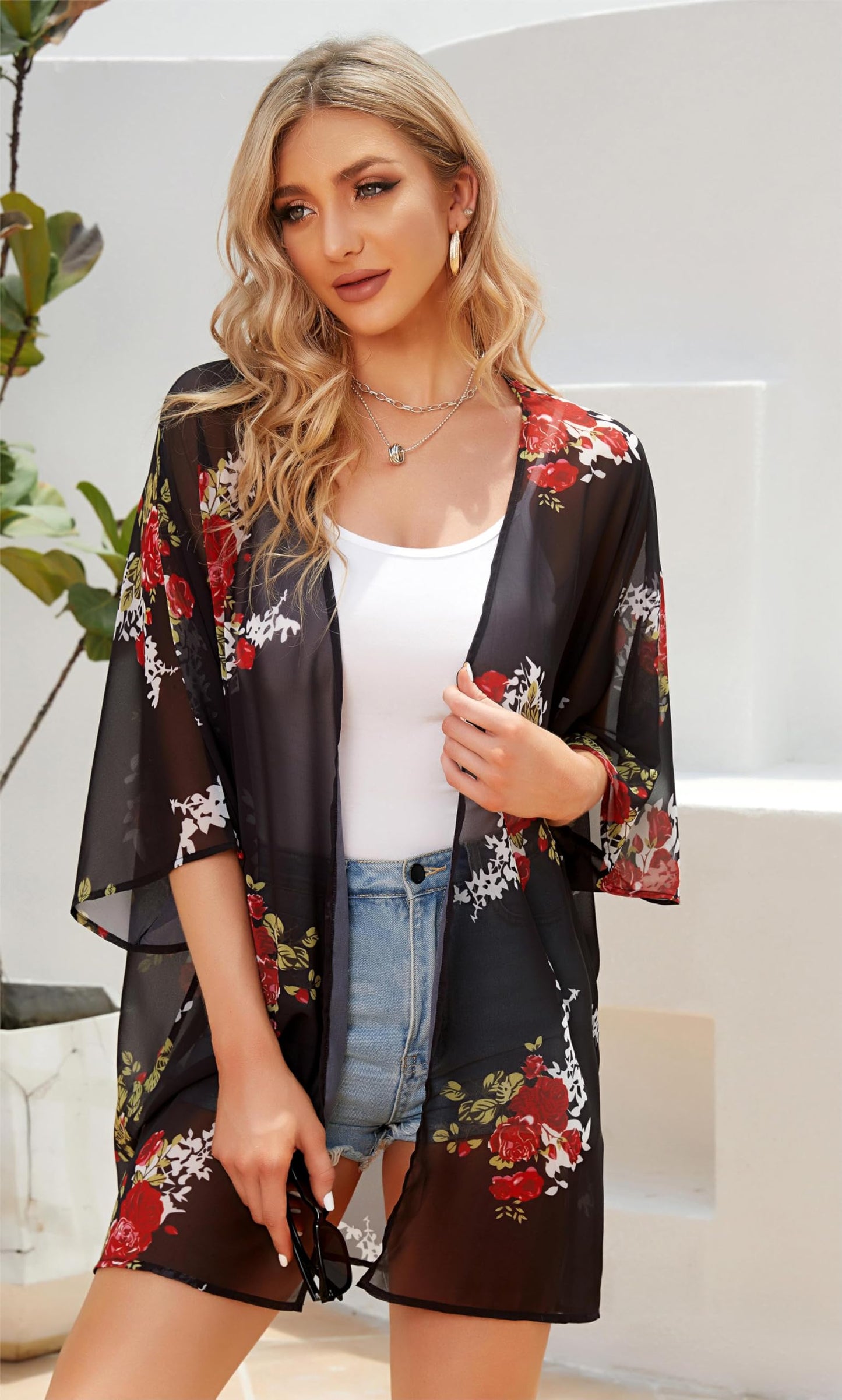 Women's Kimono Floral Cardigan Print Puff Cover Up Casual Blouse Summer Tops (Colorful Gilt, M)