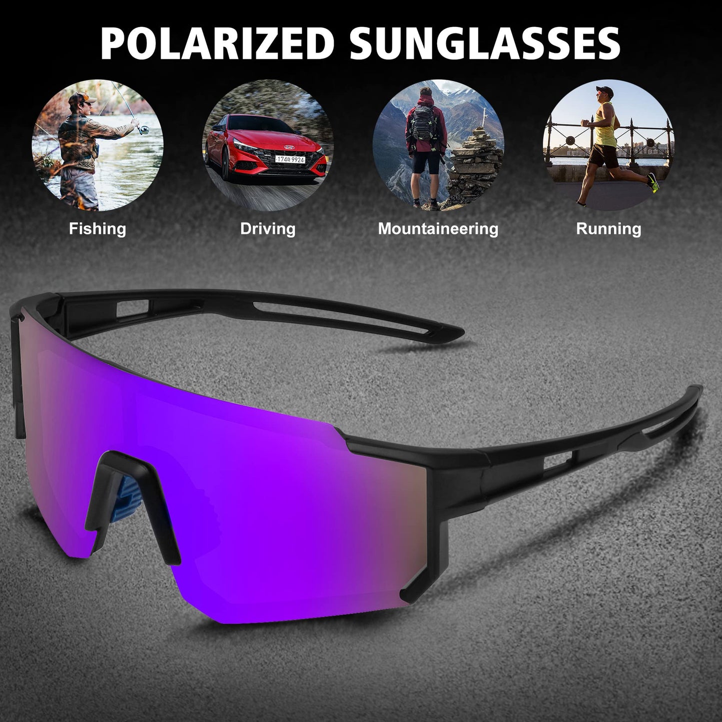 STORYCOAST Sports Running Sunglasses for Men Women Cycling Driving Fishing Bike Sunglasses Polarized UV400 Protection 3Pack Matte Black/Gray+Matte Black/Ice Blue+Matte Black/Purple