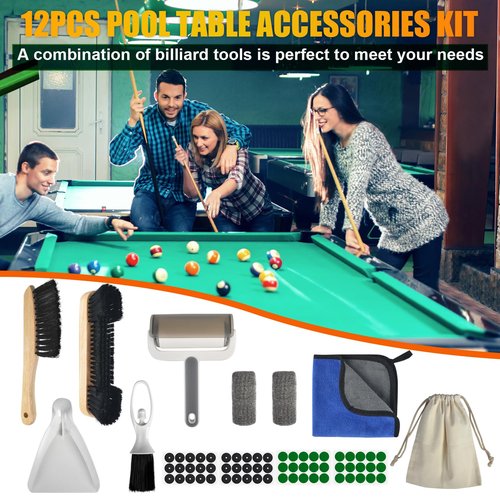 Pool Table Brush for Felt - 12PCS Pool Table Accessories Includes 2 Billiards Brushes, 2 Ferrule Polish Cloths, Cue Cleaning Cloth Lint Roller, Dustpan&Broom, Marker Dots & Repair Patches, Storage Bag