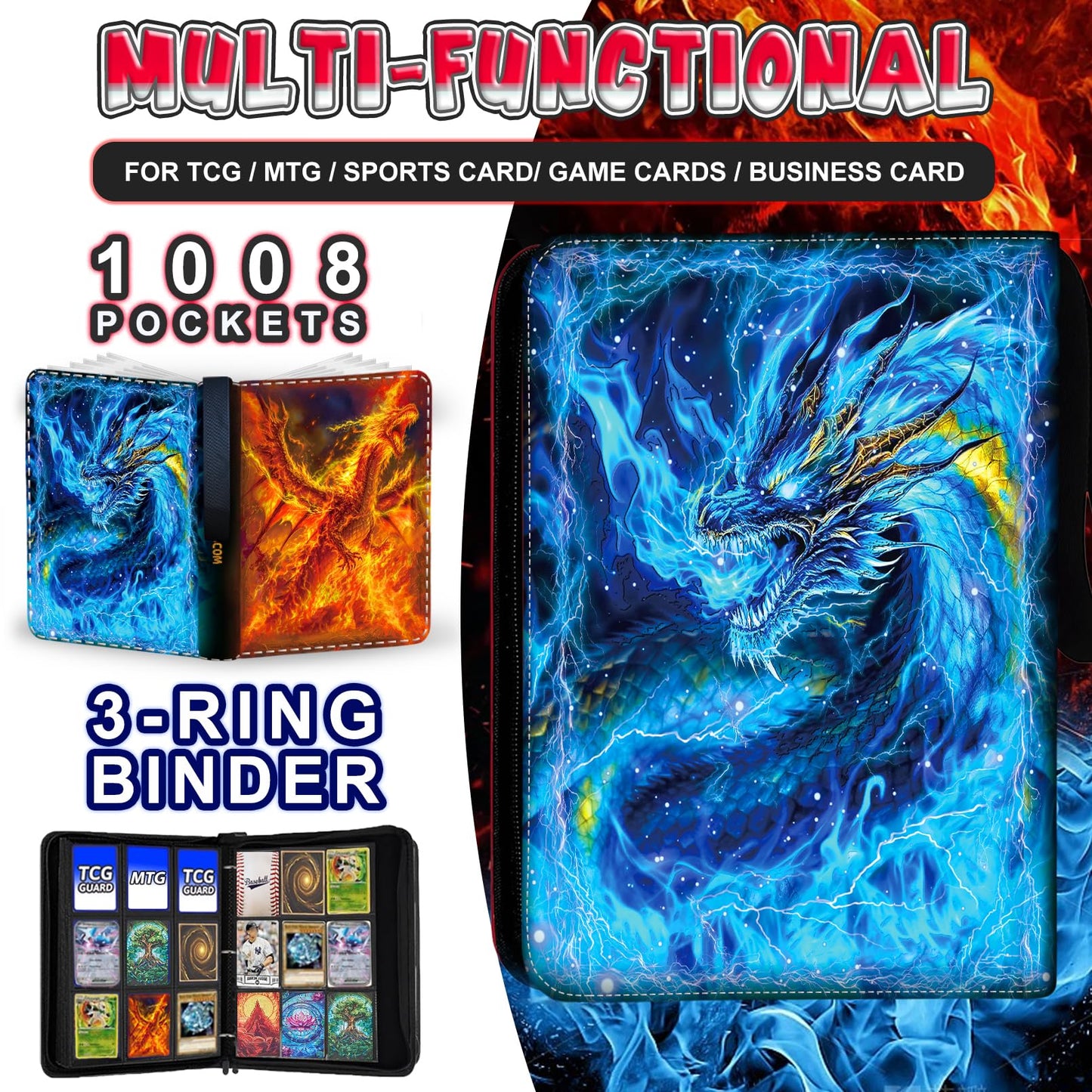 1008 Card Binder 9 Pocket, 3-Ring Trading Card Binder with 56 Page Removable Sleeves, High Storage Waterproof Trading Card Holder Collection Card Album Carrying Organizer Case for MTG TCG Cards -Fire