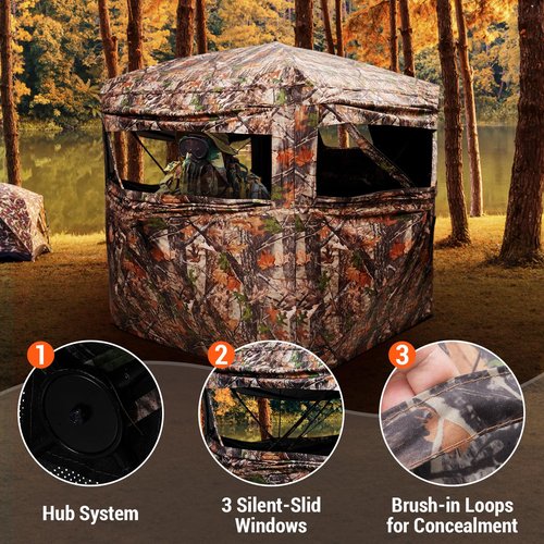 FUNHORUN Hunting Blind 360 Degree See Through Ground Blind，2/3 Person Soft Material Pop-Up Camouflage Tent，Easy-Fold Portable Concealed Shelter with Carrying Bag