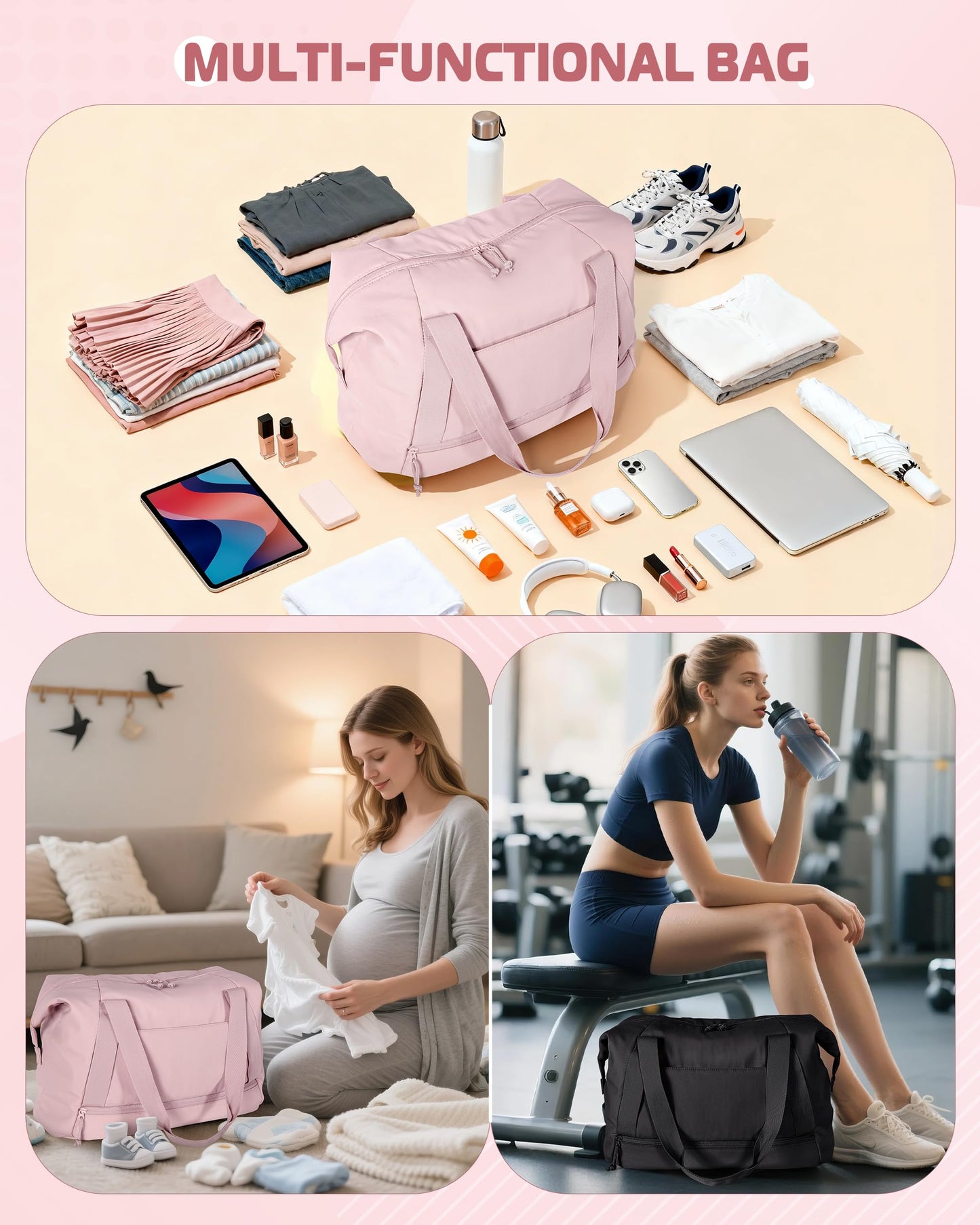 Smasrob Travel Duffle Bag with Shoe Compartment and Laptop Sleeve for Women, Lightweight Weekender Duffel Bag for Travel, Gym, Hospital Labor Delivery, Pink