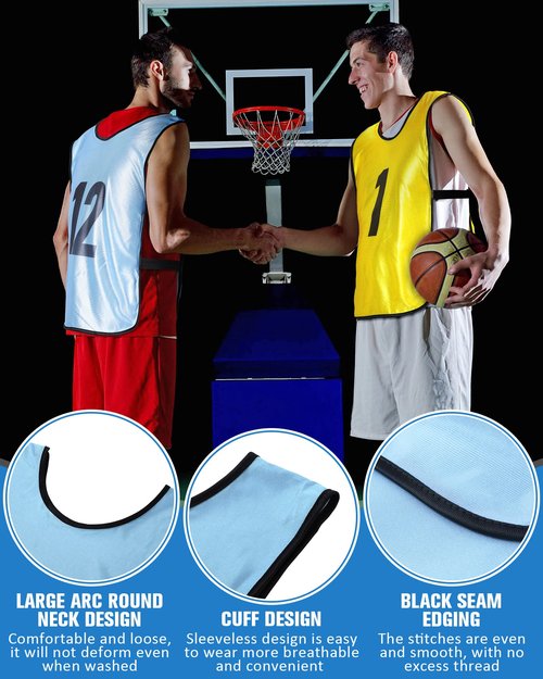 Yahenda 24 Pcs Sports Pinnies Soccer Scrimmage Practice Vests Numbered Soccer Team Pennies with Belt for Adult(Large,Gold, Sky Blue)