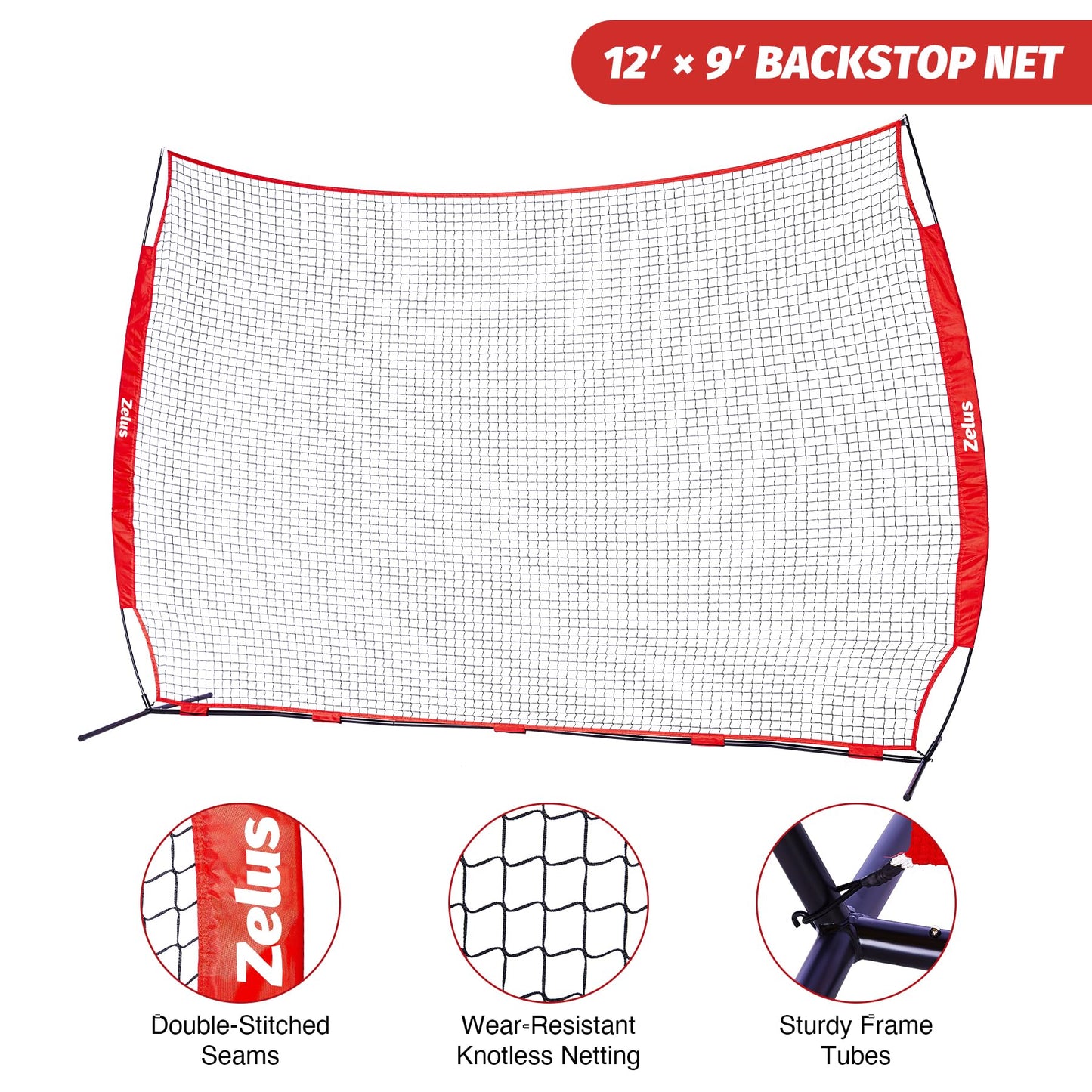ZELUS 12x 9ft Barricade Backstop, Sports Barrier Nets for Lacrosse, Basketball, Soccer, Field Hockey, Baseball and More