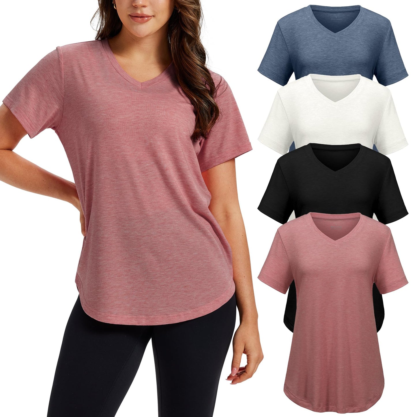 VILIGO 4 Pack V Neck T Shirts for Women Basic Tees Casual Short Sleeve Shirts Loose Fit Plus Size Tops Plain Summer Clothes, Black/Beige/Navy/Mauve XL