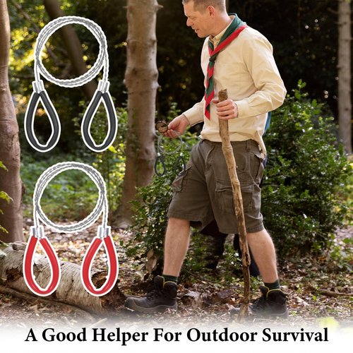 Stainless Steel Cable Saw 2 Pcs Metal Wire Saw Hand Pocket String 27.56 Inch Emergency Survival Rope Cutting Tools PVC Pipe Cutting Tool for Wood Camping Hiking Hunting - Red & Black Handle