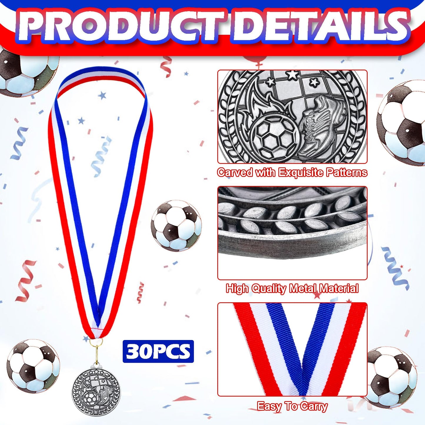 Remuuly 30 Pcs Silver Medals Bulk 2'' Basketball Soccer Volleyball Hockey Medals for Awards Metal Trophy with Neck Ribbons for Sports Participation Winner Tournaments Gift(Soccer)