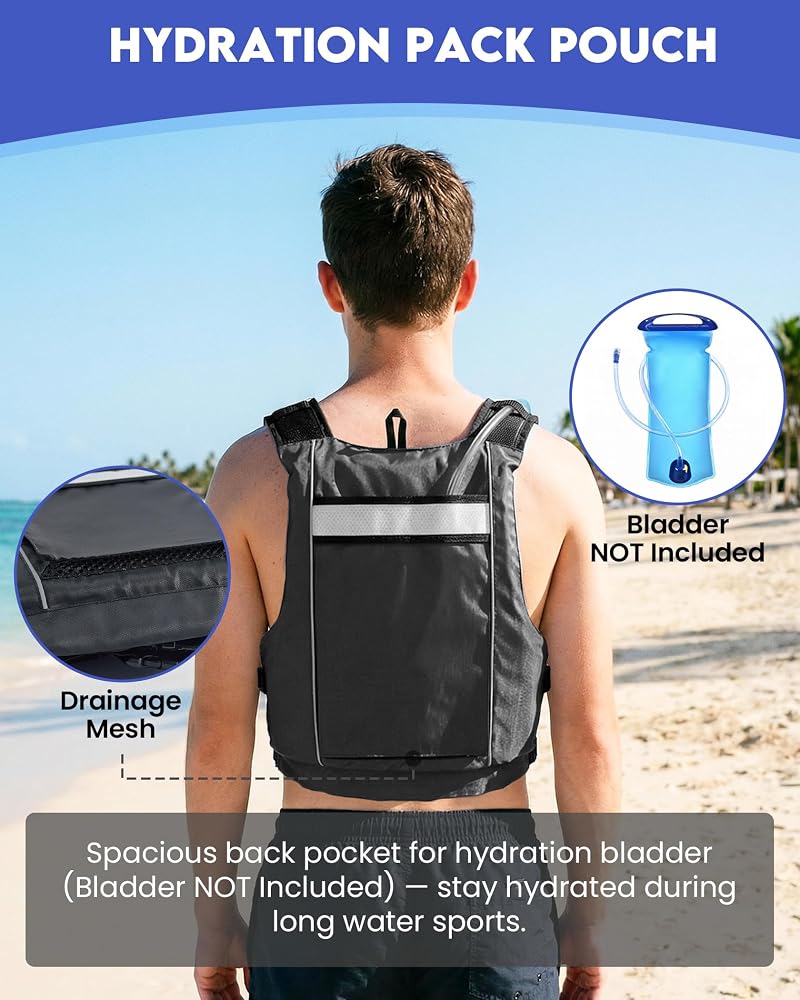 Owntop Swim Vest for Adults - Adjustable Waist, Zip & Buckle Closure, Black XS/S (75-125 lbs) for Kayaking, Fishing & Boating