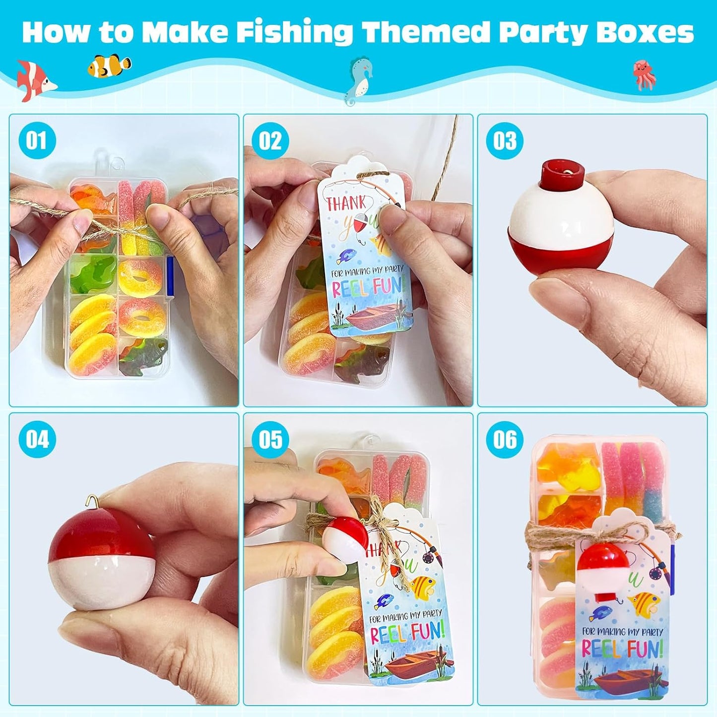 24 Set Fishing Candy Little Tackle Boxes for Birthday Party Favors with 24 Fishing Bobber 24 Thank You Cards for Making My Party Reel Fun Gone Fishing Theme Supplies Fishing Decorations (24)