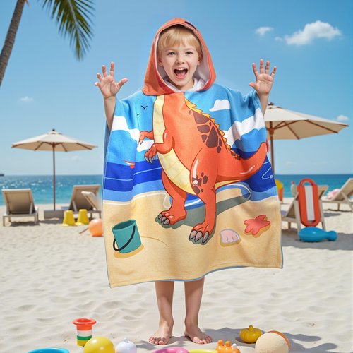 Ythuil Dinosaur Towel for Ages 3 to 10 Toddler, Kids Hooded Beach Towel 30"x 25", Dinosaur Gifts for Boys Girls, Toddler Swim Cover Up & Bath Robe for Beach Pool, Soft Microfiber, Backpack Included