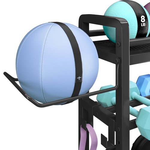 Yaheetech Weight Plate Rack Home Gym Yoga Mat Holder, Metal Dumbbell Rack Stand Fitness Equipment Storage with Hooks & Wheels for Kettlebells/Yoga Ball, Black