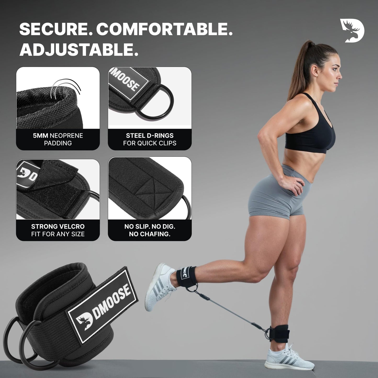 DMoose Fitness Ankle Strap with Tube Resistance Band for Cable Machines - Padded Ankle Cuff & Durable Tube Band for Glute Kickbacks, Leg Workouts, Hip Abduction, Resistance Training