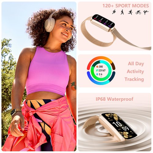 Health Fitness Tracker, Smart Watch with 24/7 Heart Rate and Blood Pressure Monitor, Activity Tracker with Blood Oxygen, 120 Sport Mode Waterproof Sleep Tracker for Women Men (Pink Gold)
