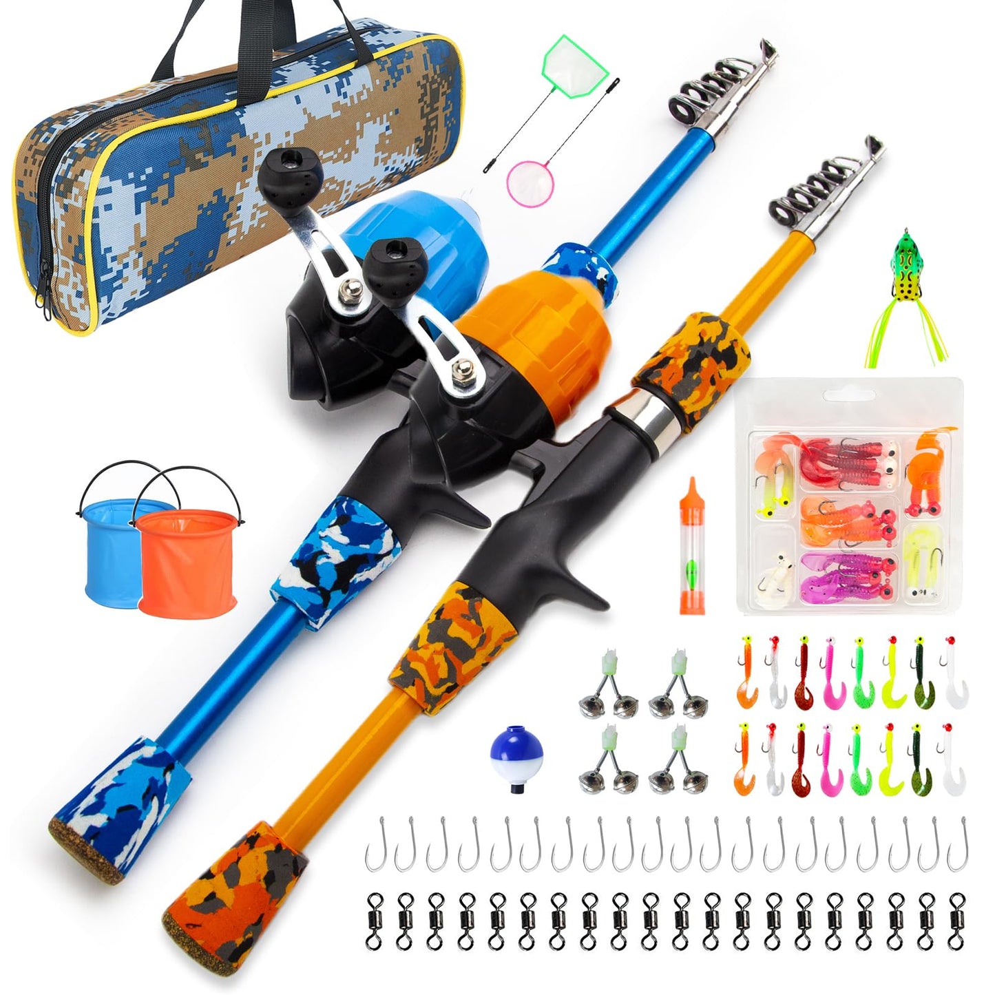 Kid's Portable Telescopic Fishing Rod and Reel Combo with Tackle Box, Bucket, and Net - Perfect Fishing Gift for Boys, Girls, Youth Beginners