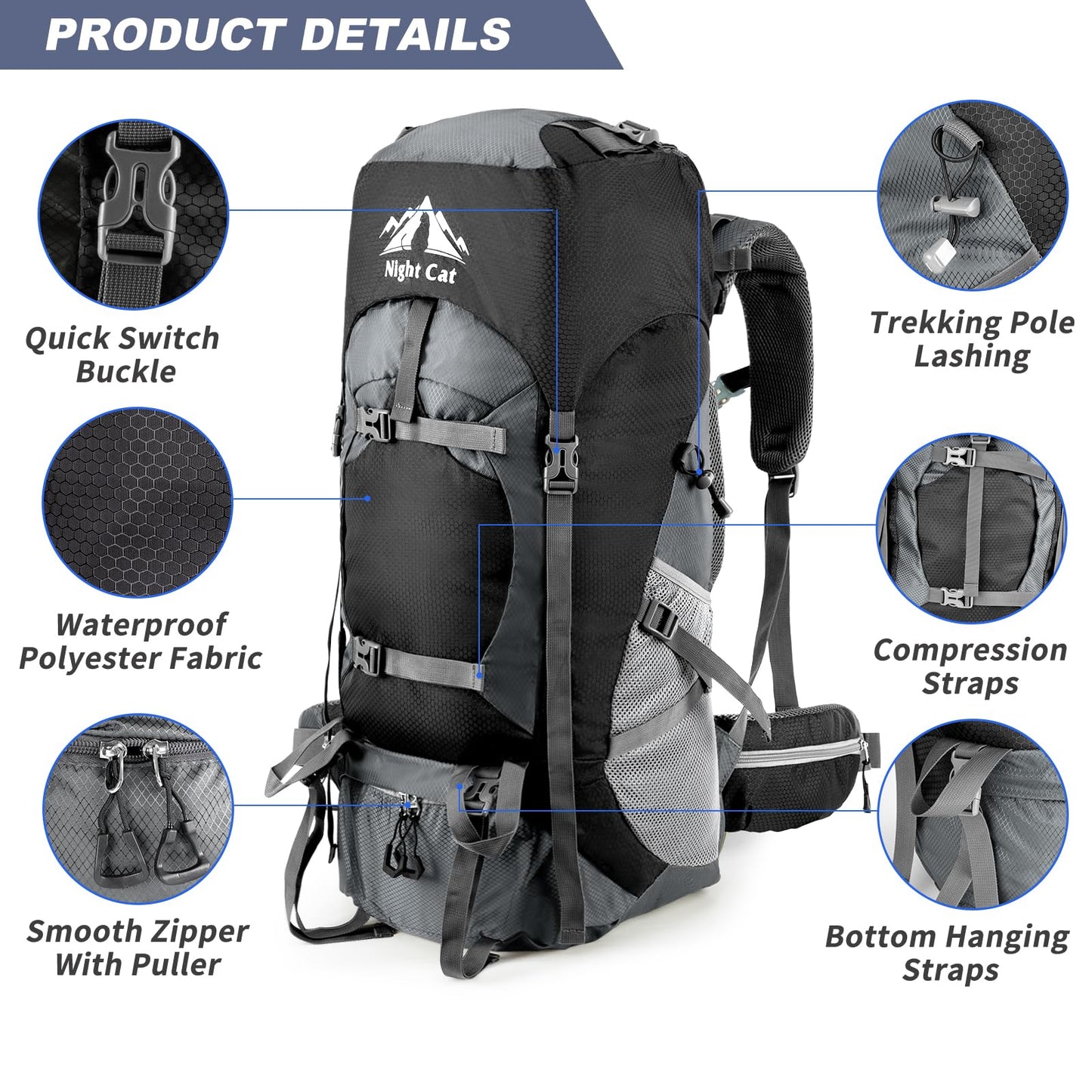 Night Cat Hiking Backpacks 70L Camping Backpacking Packs for Men Women Lightweight Outdoor for Mountaineering Traveling, No Internal Frame
