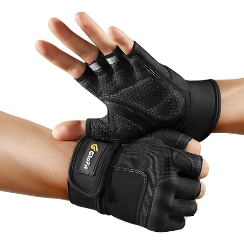 Glofit Workout Gloves with Wrist Wrap Support for Women & Men, Weight Lifting Gloves Fingerless Gym Gloves for Cycling, Training, Push-up (Black, L)