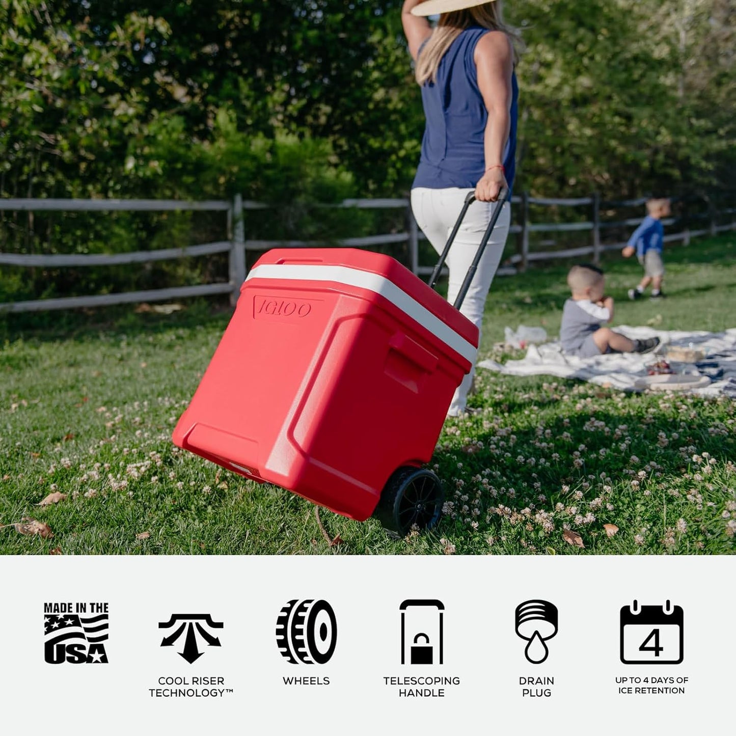Igloo Cooler with Wheels, Profile II 28 Qt Hard Sided Ice Chest - Portable Insulated Container with Leak-Proof Design for Outdoor Use