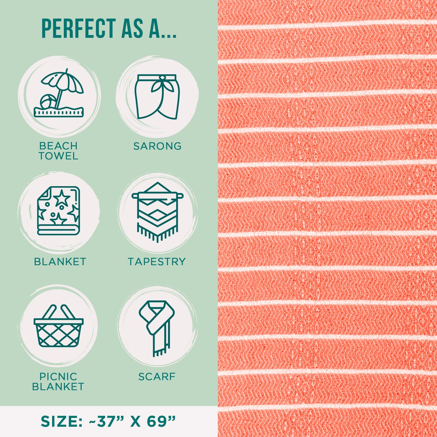 Sand Cloud Turkish Beach Towel - Sand Resistant - 100% Certified Organic Turkish Towel - Quick Dry Towel for Beach, Picnic, Blanket or Bath Towel - As Seen on Shark Tank - Gocek (Coral)