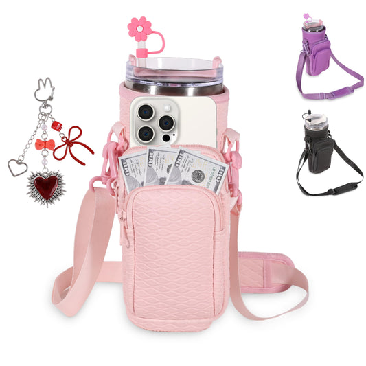 &And Per Se Water Bottle Shoulder Bag for Women, Neoprene Carrier with Phone Pocket & Pink Charm, Adjustable Crossbody Strap Fits Stanley 30oz Tumblers, Gift for Her (Pink)
