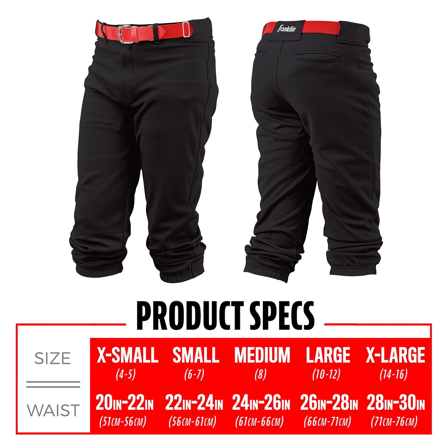 Franklin Sports Youth Baseball and Softball Pants with Belt Loop - Baseball Pants for Girls and Boys - Knicker - Youth X Small - Black