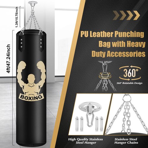 Filled Punching Bag for Adults, 4FT PU Leather Hanging Bag with 11lb Sponge Filler, Come with 12OZ Gloves, Kicking Bag Heavy Bag Boxing Equipment for Training Karate Kickboxing Home Gym