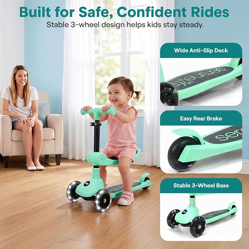 SereneLife 3-Wheel Kids Scooter with Seat, LED Wheels – Mint Green