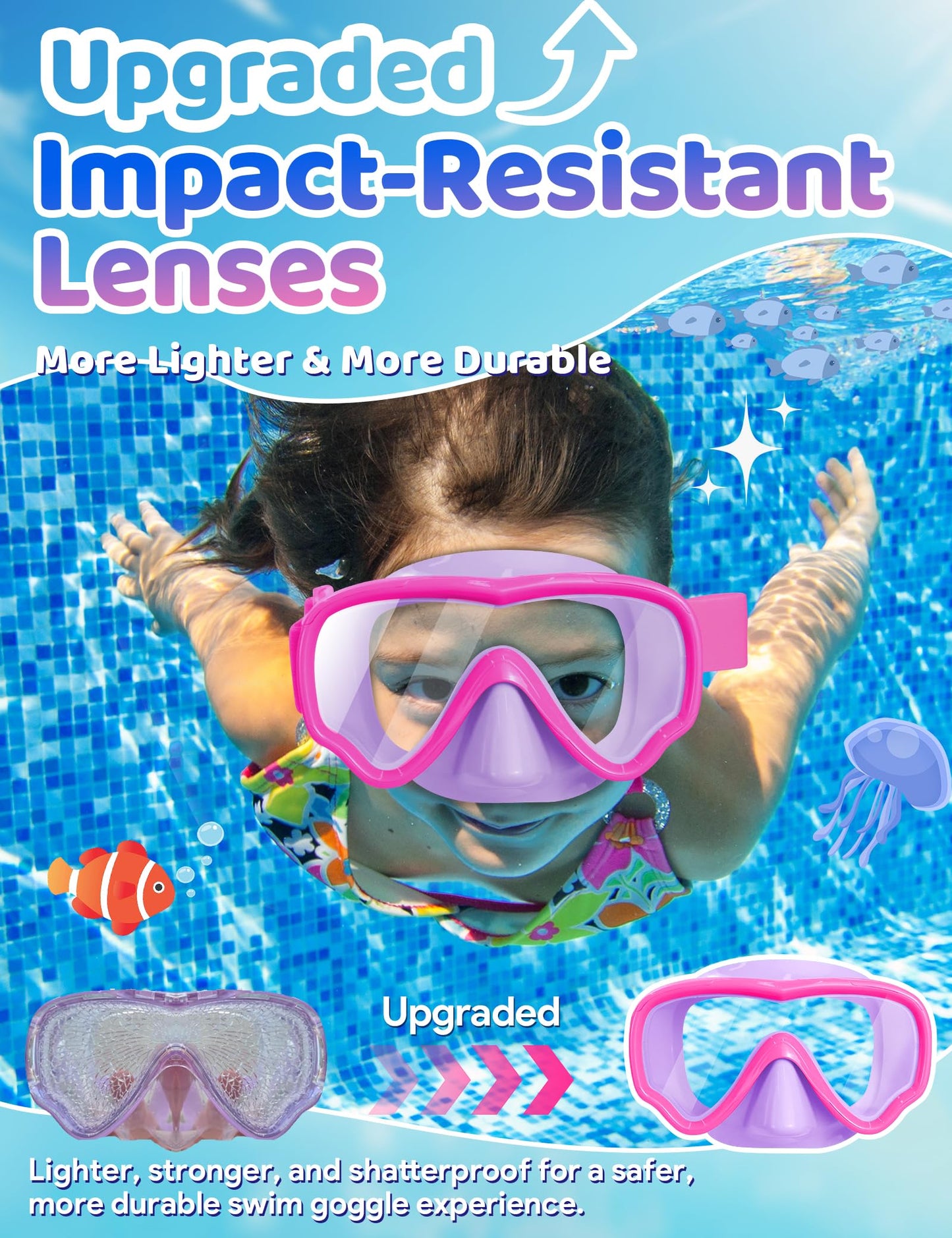 Vvinca Kids Swim Goggles with Nose Cover, Snorkel Diving Mask Fabric Strap Anti Fog Anti Shattered Lens Goggles for Kids 3-15