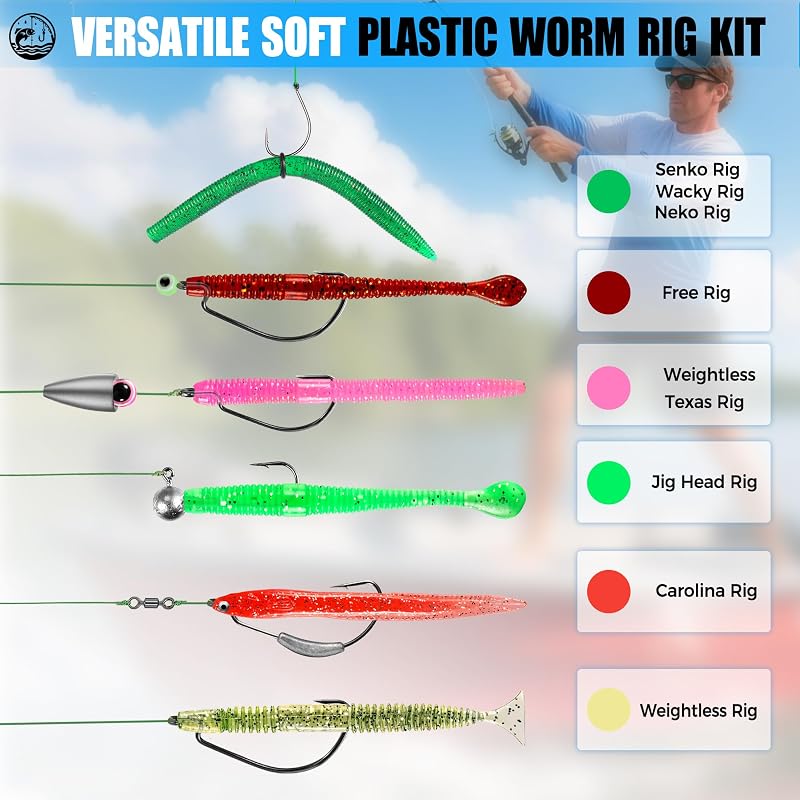 Plusinno 220PCS Wacky Worm Fishing Lure Kit with Tackle Box - Soft Plastic Lures, Hooks & Weights