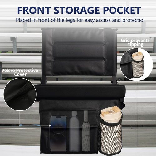 Stadium Seats with Back Support - Portable Foldable Stadium Seats, Adjustable Shoulder Straps, Cup Holder and Large Pocket Storage Stadium Upholstered Chair for Bleachers, Sporting Events, Black