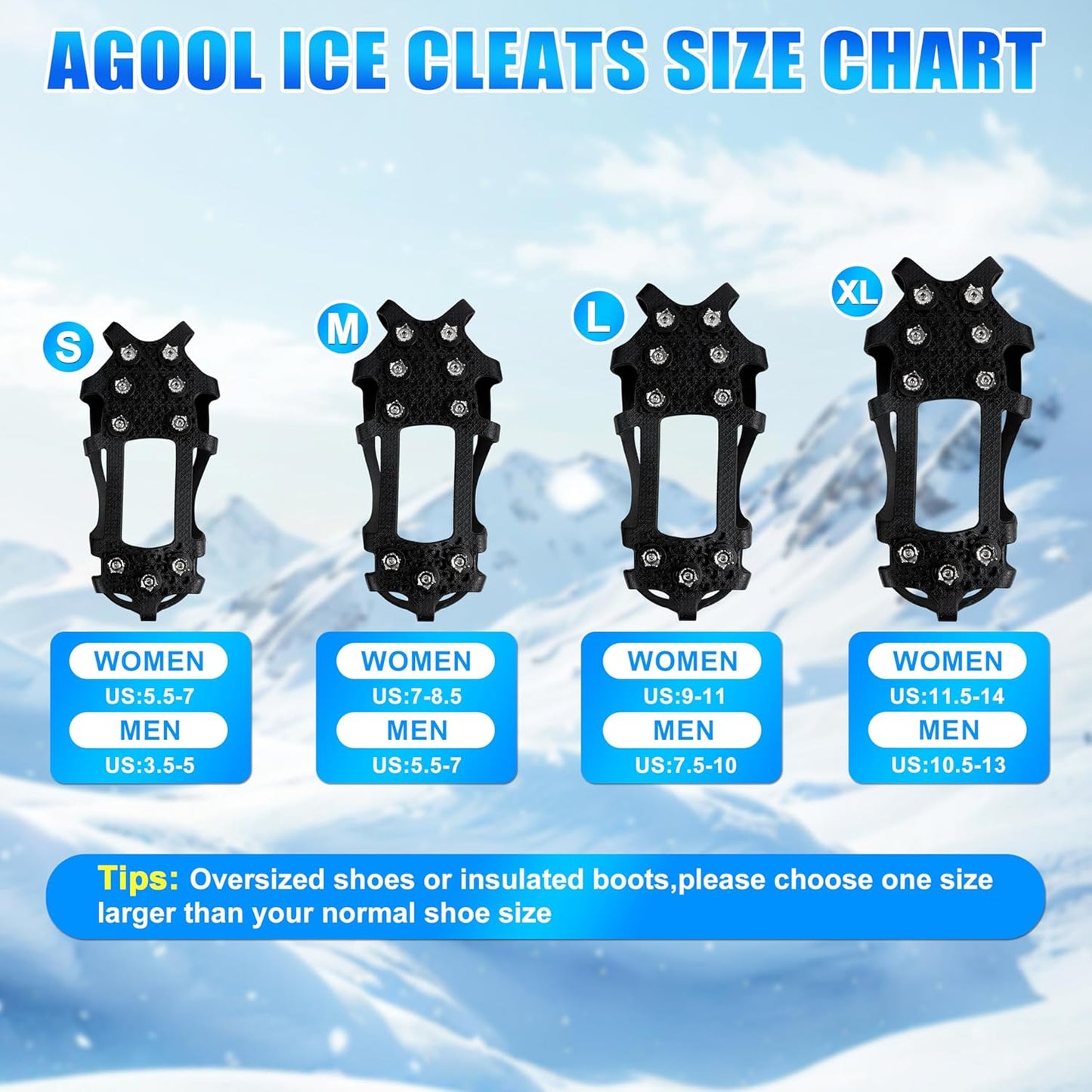 Ice Cleats for Shoes and Boots Snow Traction Cleats Crampons for Walking on Snow and Ice 9 Studs Non-Slip Overshoe Rubber Anti Slip Crampons Slip-on Stretch Footwear Winter Hiking Climbing Ice Fishing