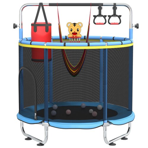 Pelnuies 60" Trampoline for Kids with Safety Net, 440lbs Indoor & Outdoor Toddler Trampoline with Swing, Adjustable Gym Bar & Basketball Hoop, Fun & Active Play for Boys & Girls, Blue