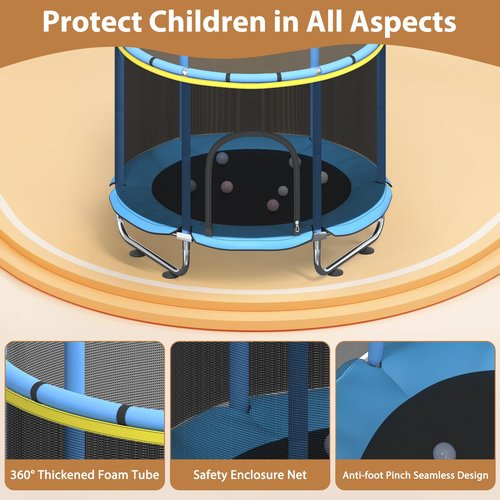 Pelnuies 60" Trampoline for Kids with Safety Net, 440lbs Indoor & Outdoor Toddler Trampoline with Swing, Adjustable Gym Bar & Basketball Hoop, Fun & Active Play for Boys & Girls, Blue