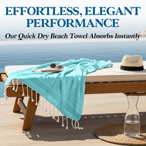 DECOLURE Turkish Beach Towel Oversized 39x73 Inch - 100% Turkish Cotton, Quick Dry and Sand Free Beach Towels for Travel - Lightweight, Absorbent & Soft Peshtemal Towel - (Cyan Wave)