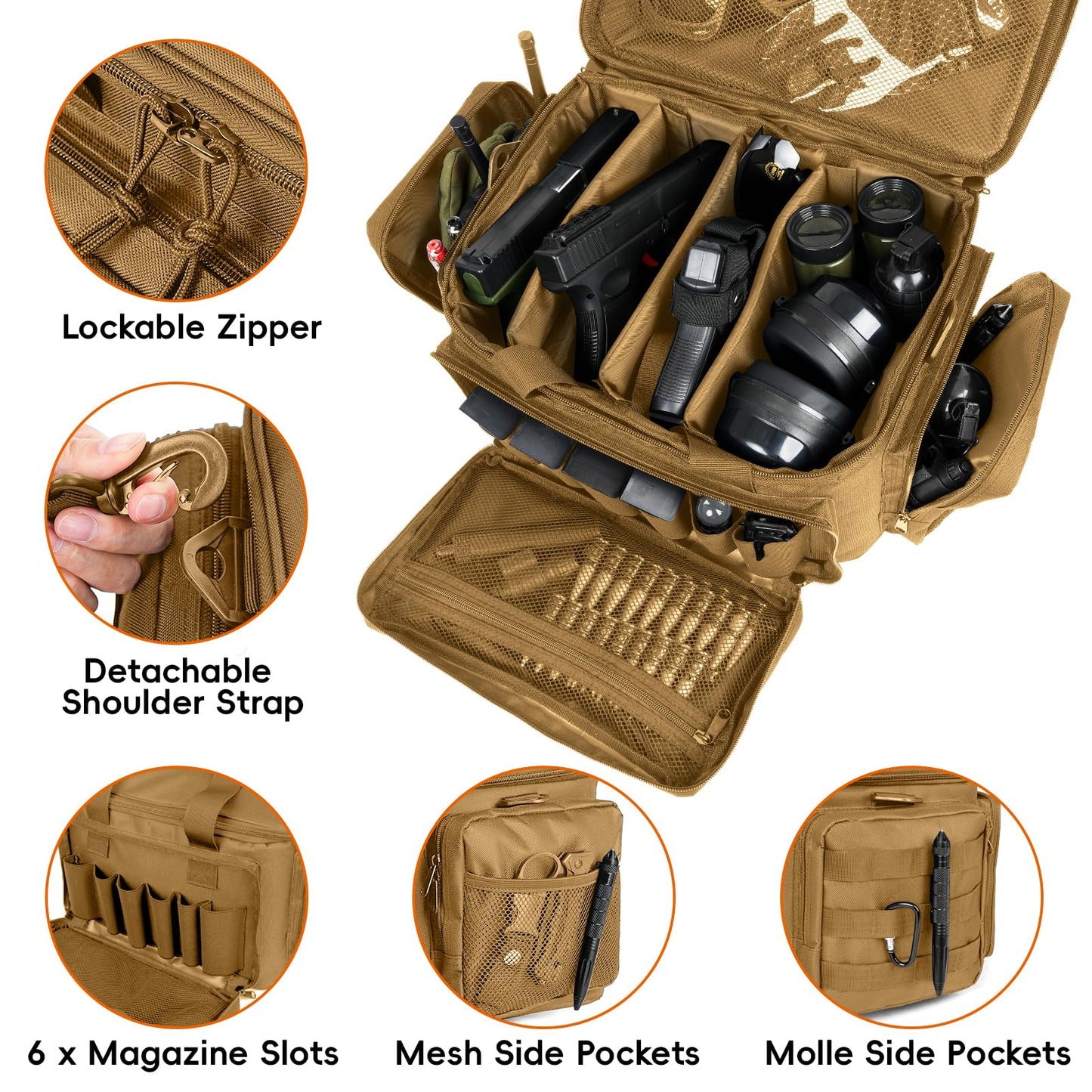 DULCE DOM Tactical Gun Range Bag for Handguns & Pistols - Lockable Compartment, Ammo Storage, Magazine Slots, Durable Range Essentials Bag (KHAKI)