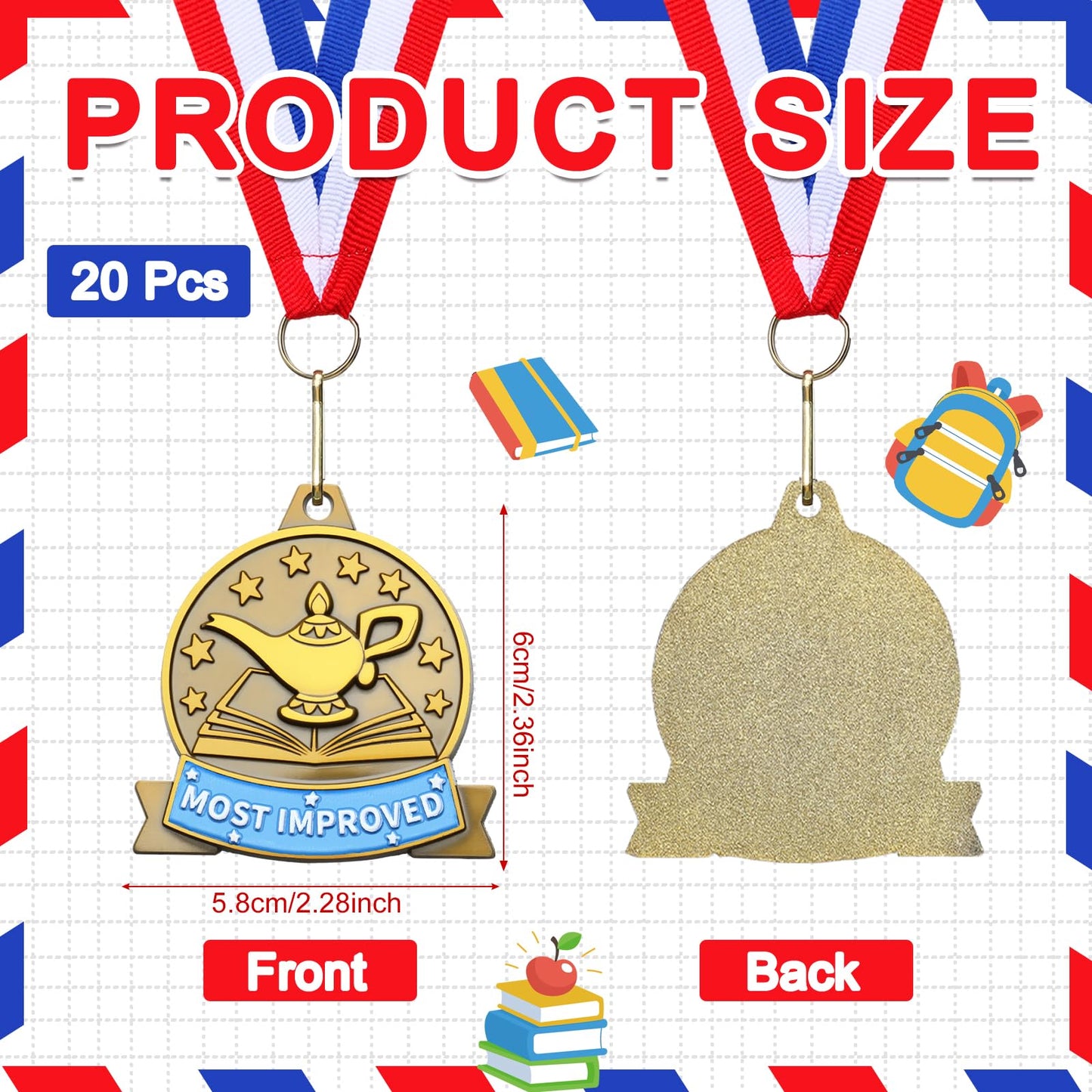 Loetere 20 Pcs Academic Excellence Medals Bulk 2.4 inch Reading Gold Medals with Neck Ribbons Metal Trophy Award Prize Gifts for Adult Book Lover Competitions Party(Most Improved)